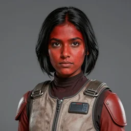 star wars portrait of a woman by greg rutkowski, red skin, pretty, mixture between indian and hispanic features, black hair with two strands around her face, wearing a starfighter pilot uniform, she is about 2 0 years old, detailed portrait, sharp foccus, artstation hq.