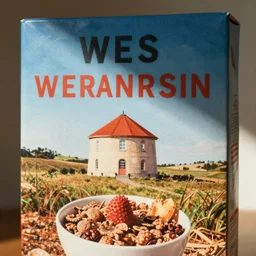 closeup of a cereal box designed by Wes Anderson