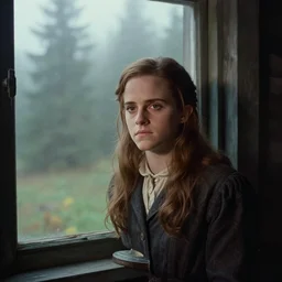 portrait bust of emma watson, solemn expression, faded color film, russian cinema, tarkovsky, kodachrome, old cabin, next to window, heavy forest outside, long brown hair, old clothing, heavy fog, hudson river school, 4 k, dramatic lighting, greg rutkowski