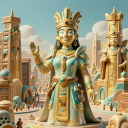 wide landscape electro city ceramic portrait happy queen bounty hunter cyberpunk inca in tribal regalia, an idea seep's into infinity highly detailed in volumetric latent space, golden turquoise, cinematic light, sharp focus, divine realm of gods, octane render,