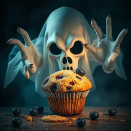 photo surreal of a scary spectral ghost eating a blueberry muffin nightmare fuel