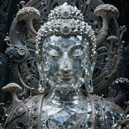 a epic sakyamuni, the founder of buddhism in cyberpunk style temple, ghost, gorgeous and huge head ornaments, dystopian, cyberpunk, organic fractal mycelum and fungi, mecha, halfturn portrait of a big crystal face made of crystals half - turn, ominous, intricate, studio, art by anthony macbain + greg rutkowski + alphonse mucha, concept art, 4 k, sharp focus