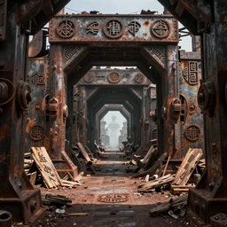 ruins of ancient technology, rusty metal and scrap wood sigils, portal to another dimension, cg society, perfect symmetry