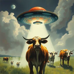 the ufo abducting cows. highly detailed digital painting, watercolor, soviet realism, engraving, artstation, concept art, smooth, sharp focus, vivid grunge, manga illustration, unreal engine 5, 8, abstract by bilibin and kilian eng and hilma af klint and malevich and lissitzky