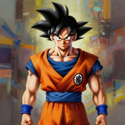 digital painting masterpiece of son goku, highly detailed, advanced lighting technology, hyperrealism, deep focus, abstract expressionism background, symmetry!, by david galopim, ashley lovett, santafung, artoftu, spadjm, robaato, raines - tu