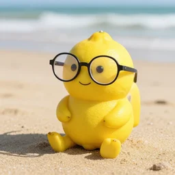 a photo of a lemon wearing glasses sitting on the beach