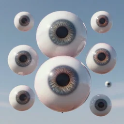highly detailed dreamscape of 3 dimensional highly realistic floating and flying eyeballs of all sizes