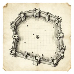 dnd battlemap showing the interior of a castle. Grid, parchment and ink