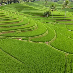wide aerial photo of bright green rice fields on terraced mountain farm, coconut palm vegetation in the horizon, morning ray comes around 5 - 6 am, majestic mountain and clear blue sky in the far background, dynamic lighting, raytracing effects, sony 3 5 mm f / 9