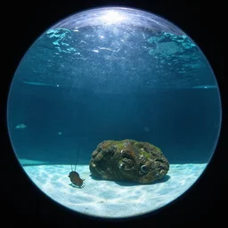 of a Fisheye lens photo of a room taken from inside a spherical aquarium.