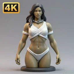80mm resin detailed miniature of a beautiful muscular mother, clothed in white detailed shirt, olive skin, long dark hair, chained neck, beautiful bone structure, symmetrical facial features, Product Introduction Photos, 4K, Full body