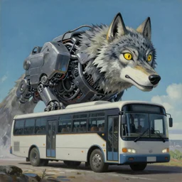 Transformer hybrid of bus and wolf, having cabin if form of wolf head with big yellow eyes looking at us and long body of bus with wheels and windows, mechanical form of life, oil on canvas, fantasy, magic, illusion, digital painting, concept art, smooth, sharp focus, illustration, artstation trending, octane render, unreal engine, Ghibli, anime style, cyberpunk