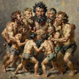 very realistic oil painting of a group of men with massive heads and tiny bodies having a big fight