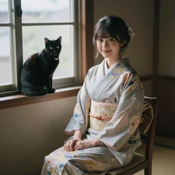 A young lady in a kimono with almond-shaped eyes, sitting on a chair in a huge empty room, a black cat sitting on the window, a girl smiling, style