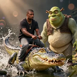 Kanye West riding an ((aligator)), next to ((Shrek)), splash art, movie still, cinematic lighting, dramatic, octane render, long lens, shallow depth of field, bokeh, anamorphic lens flare, 8k, hyper detailed, 35mm film grain