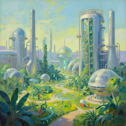 futuristic industrial garden, oil painting by moebius and clamp, backlighting, vibrant palette, highly detailed