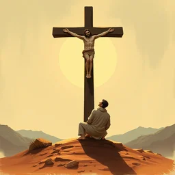 earth tone neutral palette, by anton fadeev petros afshar beautiful graphic full body portrait, a man kneeling at the base of the christian cross, 1 9 7 0 s illustrated advertising art, painterly character design limited palette