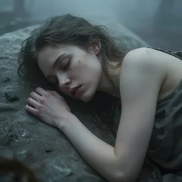 birth is a curse and she hasn't forgot that pain is another way of falling asleep, she is 2 1, skinny and beautiful, she listens to oathbreaker, still from a nicolas winding refn movie, the background is infected, insanely detailed, close up, foggy like in norwegian black metal aesthetic