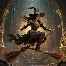 witch riding a broomstick, fairy tale, stunning, surrounding cinematic light, hyper detailed, ornate and intricate, 4 k cinematic octane render