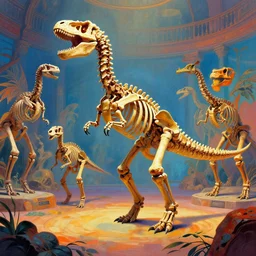 A psychedelic portrait of dinosaur skeletons dancing in museum, vibrant color scheme, highly detailed, in the style of romanticism, cinematic, artstation, Moebius, Greg rutkowski
