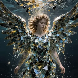 shattered glass stylized angel portrait, cracked obsidian geometric fantasy art, splattering black gold iridescent bubbly underwater scenery, greg rutkowski, loish, rhads, makoto shinkai, lois van baarle, ilya kuvshinov