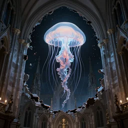 terrifying glowing jellyfish with long tangled tentacles breaking through a hole in the space-time continuum, ornate rococo cathedral