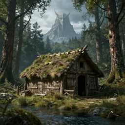 a medieval shack in the woods near a river, eye of sauron in background, realistic, octane render, ultra detailed, artstation award winner