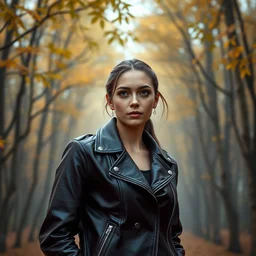 young adult woman in a leather jacket in a maple forest, disney pixar movie frame, high detail, natural light, ray tracing, trending on artstation, 4 k ultra hd blu ray