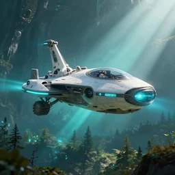 futuristic levitating luxury small spaceship hovering above rover and pilot designed by apple flying over the forest art by greg rutkowski and paul ozzimo, epic fantasy scifi cyan light engine ultra realistic volumetric light god rays raytracing unreal engine digital art trending artstation deviantart octane render,