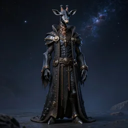 beautiful full body portrait of a human - giraffe hybrid male wizard, scaley!! black onyx skin, wearing a robe, by wlop and artgerm, steampunk fiction, detailed deep black eyes, space background, trending, on artstation.