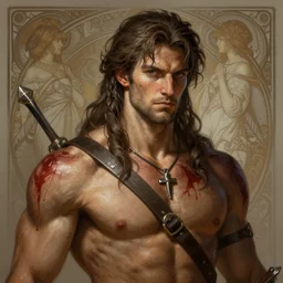 portrait of a rugged ranger, muscular, upper body, blood, D&D, fantasy, intricate, elegant, highly detailed, digital painting, artstation, concept art, smooth, sharp focus, illustration, art by artgerm and greg rutkowski and alphonse mucha