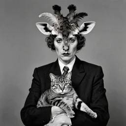 photographic portrait max ernst sad woman giraffe feathers, wearing a suit, holding a cat, editorial