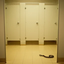 movie still of empty public shower with yellow tiles floor with a big snake, cinestill 8 0 0 t, by andrei tarkovsky, heavy grain, high quality, high detail, ultra wide lens, cinematic composition, dramatic light, lens flares, anamorphic, trail cam footages