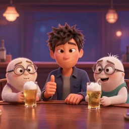 pixar charakters getting drunk in a bar. realistic, octane render, trending on artstation