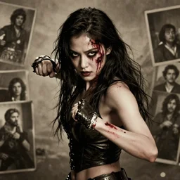 movie frame with show girl fighting , looks at camera, inspired by monster hunter and dark fantasy and fashion, beautiful  body, clean brutal blooded face, brutal make up, epic,dramatic lighting, cinematic, establishing shot, extremely high detail, photorealistic,  brutal, provocative , cinematic lighting, artstation, octane render, dark fantasy, inspired by Boris vallejo, sepia, old photography, documentary photography, national geographic photography