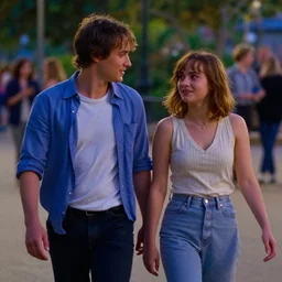 a cinematic extreme close - up still of a young couple walking in the park in the movie lalaland ( 2 0 1 6 ), evening, highly detailed matte painting, telephoto lens 2 0 0 mm, by stanley artgerm lau, greg rutkowski, thomas kinkade, alphonse mucha, loish, norman rockwell, artstation