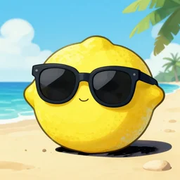 lemon on beach wearing sunglasses, illustrated by Jim Davis