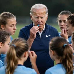 Joe Biden as a girls soccer coach in the huddle, smelling their hair