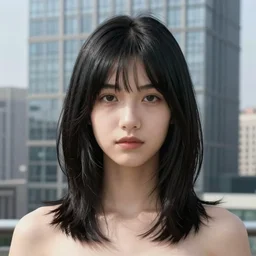 « attractive, middle length hair, black hair, girl, photorealistic, unreal engine 5, highly detailed, sharpe focus, front view, blade runner, building skyscraper in the background »