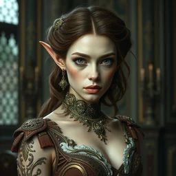 close up, half - elf rich woman, in an intricate gown, with some inbred traits, alone in her mansion, head and torso portrait by raymond swanland and johan grenier