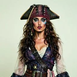 a swashbuckling woman pirate portrait in national geographic, her clothing is sheer and futuristic, painted with iridescent face paint