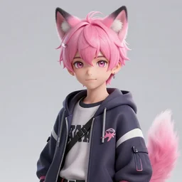 portrait of a cute anime boy with pink hair and pink wolf ears and pink wolf tail wearing stylish clothes | | very detailed digital painting, trending on artstation, octane render, random artists