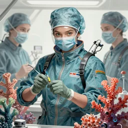 cyberpunk coral surgeon, highly detailed, digital painting, trending on artstation, concept art, sharp focus, illustration, art by artgerm and greg rutkowski and magali villeneuve