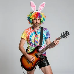 a photo of an male american german pshyco guitarist wearing a colourful wig, bunny ears, leather shorts and psychedelic tie - die tshirt