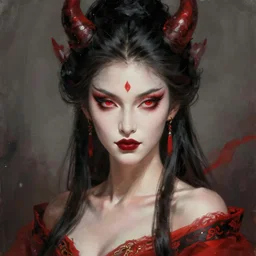portrait of an attractive demon queen with red eyes painting by gaston bussiere, craig mullins, luis rollo, digital painting, highly detailed, artstation, sharp focus, illustration, concept art, high quality