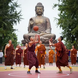 Buddhists play basketball against the background of a Buddha statue
