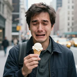 photograph of a crying man holding a tiny small ball of ice cream in nyc.