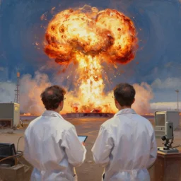 a couple of scientists testing a nuclear weapon to see that if it will work or not and in the background there's a huge explosion they do scientists are looking at explosion standing and proud oil painting digital art