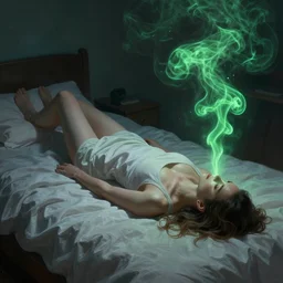 a woman floating abover her bed at night, astral projection, green smoke!! surreal concept art, lifelike, photorealistic, digital painting, aesthetic, smooth, sharp focus, artstation hd, artgerm and by greg rutkowski, bruce pennington, valentina remenar, rhads, asher duran,