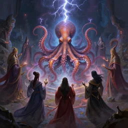 mages in circle summoning an evil octopus beast. lighting, flux. fantasy, digital painting, hd, highly detailed.